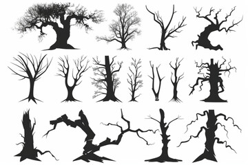 various dead tree silhouette collection vector icon, white background, black colour icon