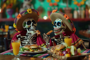 Two sugar skulls eating mexican food on day dead decoration background