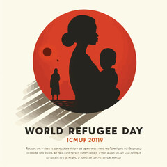 Vector illustration, silhouettes of refugee families walking towards a refugee camp, as a banner, poster or template for world refugee day.