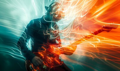 Musician engulfed in lively light streaks, embodying the spirit of guitar playing