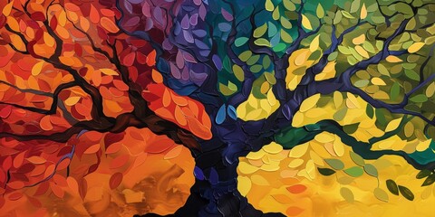 it is a painting of a tree with four seasons