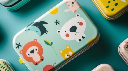 Blank mockup of a vibrant and colorful lunch box featuring cartoon animals. .