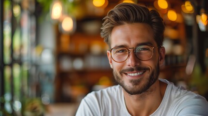 Fototapeta premium Handsome Young Man Smiling in Cozy Cafe Setting