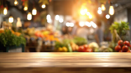 Empty table for product placement with a vegetable and fruit store background. abstract background