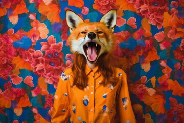 a fox with her mouth open in an orange shirt, being super fashioned
