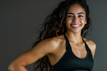 Fototapeta premium A woman with long hair is smiling and wearing a black tank top