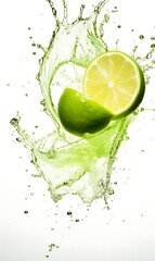 Lime with water splashing on white background