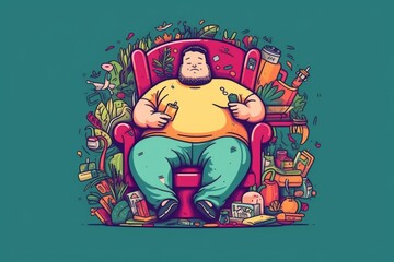 a fat guy reclining on a lazy chair with his mouth filled with an open hand and food cup