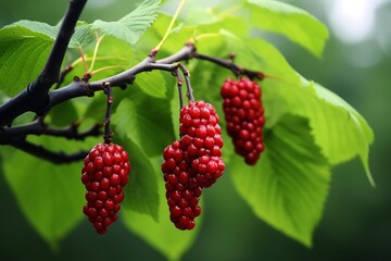 Mulberry on a tree in the orchard. Fresh Mulberry fruits