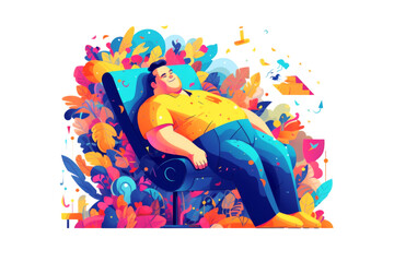 a fat guy reclining on a lazy chair with his mouth filled with an open hand and food cup