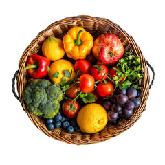 Basket full of fruits and vegetables, cut out transparent