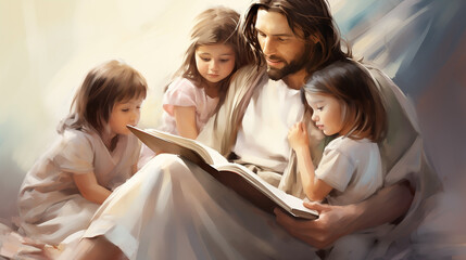 Jesus Christ took children. Girl diligently reads Bible, studying its teachings about Jesus Christ...