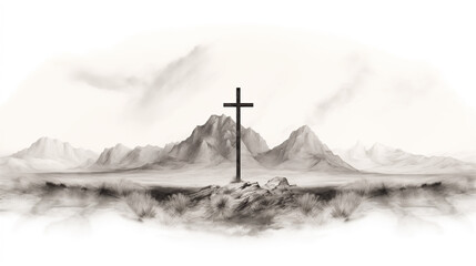 Cross atop mountain pierces through clouds, Vast desert landscape, symbolizing intersection of...