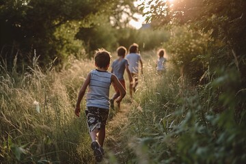 Group of children running in the field at sunset. Selective focus.
