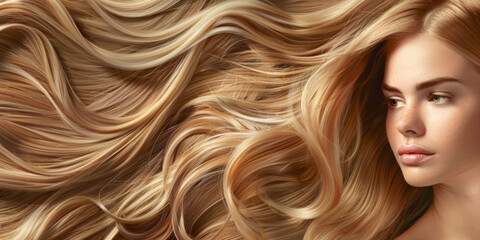 Banner for a hair salon featuring glossy, wavy, beautiful blonde hair on a young woman with long, healthy hair.