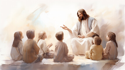 Jesus with group of children in park. Teaching children about Jesus Christ fosters love, faith, compassion, guiding them on spiritual journey rooted in divine, holy principles within their religion.