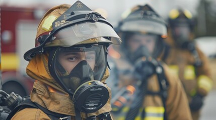 Naklejka premium Firefighters and paramedics undergo specialized training to safely respond to a chemical weapon incident. .
