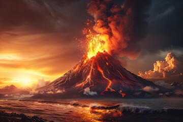 Volcanic eruption volcano erupting with smoke ashes old mountain peak sky covered with fumes natural disaster catastrophe exploding explosion national park lava