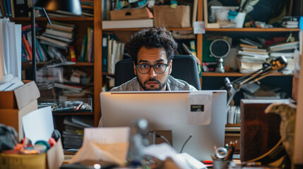 Exhausted at Work, Messy-Haired Man Look Confusedin Front oh His Laptop Represents Burnout in Remote Setting