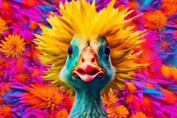 a duck with hair like a flower trying to get attention, in the style of pop art explosion