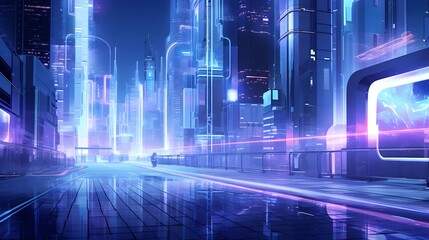Night city panorama with neon lights and road, 3d illustration