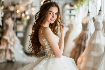 Naklejka premium A bride tries on a wedding dress and looks like a princess.