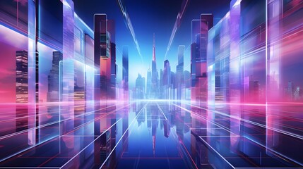 Futuristic night city panorama with neon lights. Panoramic illustration