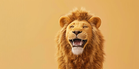 Cute lion with happy positive smiling expression. Wide banner copy space on side. Clean background in only one colour