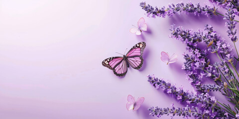 Lavender banner with a butterfly on the side with space for copy space.