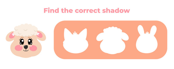 Find the correct shadow of funny characters lamb, ewe, sheep face animal