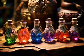 Potion Bottles: Arrange jewelry around colorful potion bottles filled with mysterious liquids. - obrazy, fototapety, plakaty
