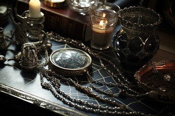 Spider's Web: Place jewelry on a table covered with spider webs and incorporate spider-themed accessories. - obrazy, fototapety, plakaty