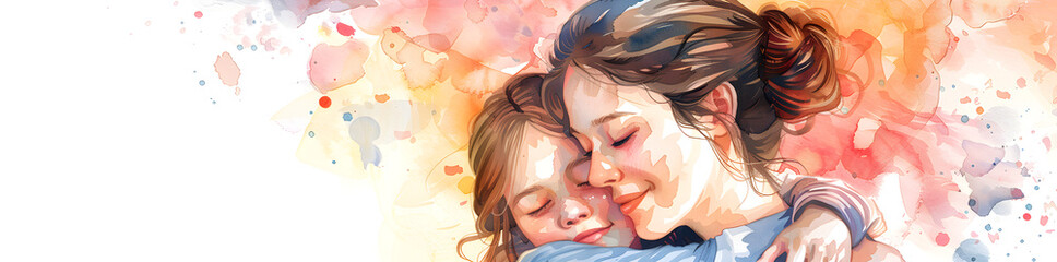 Watercolor illustration of a smiling mother and daughter cuddling each other, perfect for Mother's Day banner with copyspace.