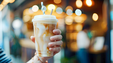 Naklejka premium Woman Pointing at Her Drink in a Light Amber and Beige Style