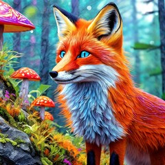 A stunning 3D render of a charming and magnificent fox with vibrant orange fur and piercing blue eyes