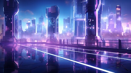 Night city road with neon lights. 3d rendering, 3d illustration.