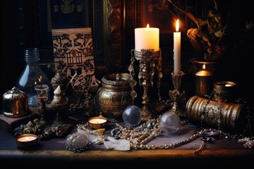 Candlelit Altar: Arrange jewelry on a dark, candlelit altar with mystical symbols.