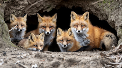 A family of foxes peering out from a den entrance.