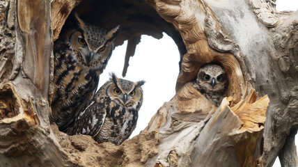 Two owls in a hollow tree; one peering out, another nestled inside.
