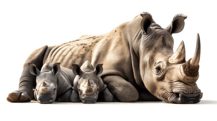Rhino with two calves resting, isolated on white background.
