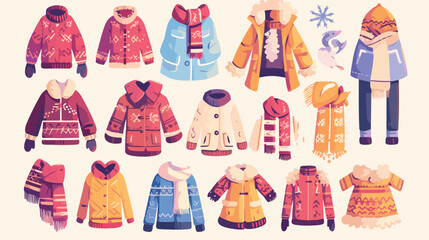 Collection of winter clothes and outerwear isolated