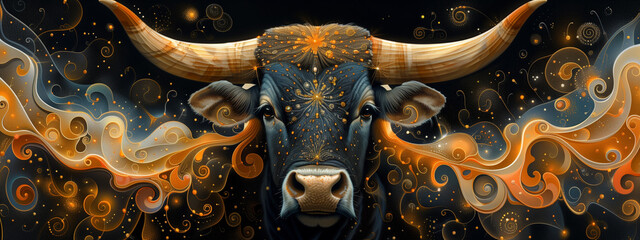 Fractal majesty: a captivating bull adorned with mesmerizing fractal patterns, embodying power and artistic allure.