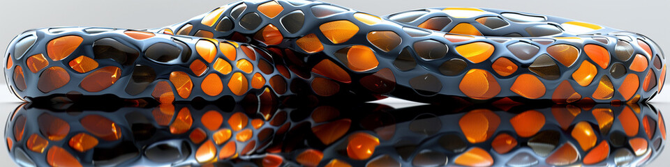 Fractal shape in black and orange, reminscence of a snake, reflection in surface.