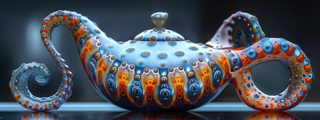 Fractal symphony in ceramics: a teapot adorned with an intricate fractal design, where art and mathematics merge in a mesmerizing display