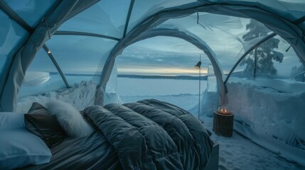 A mesmerizing view of endless icy landscapes from the comfort of a heated bed nestled in an ice dome. 2d flat cartoon.