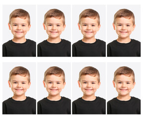 Passport photo, collage. Boy on white background, set of photos