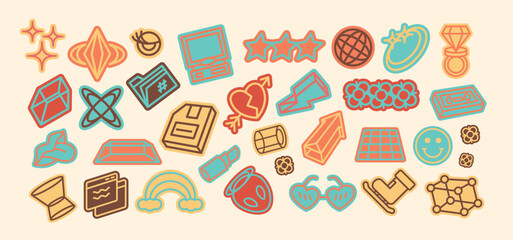 Y2k retro sticker illustration. Set of y2k retro sticker colection. 