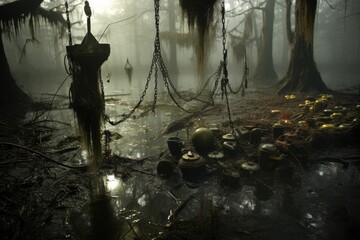 Foggy Swamp: Set up jewelry in a swampy area with fog and eerie lighting.