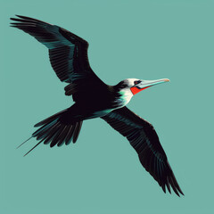 Illustration of a majestic frigatebird soaring with outstretched wings, showcasing its striking black plumage. - obrazy, fototapety, plakaty