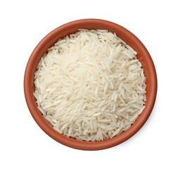 Raw basmati rice in bowl isolated on white, top view
